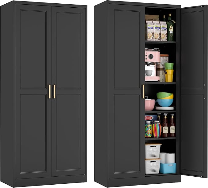 71" Tall Metal Kitchen Pantry Cabinet, Storage Cabinet with Doors | Kitchen Cabinet with 4 Adjustable Shelves, Food Pantry Cabinet, Cupboard for Kitchen, Dining Room, Garage, Office & School