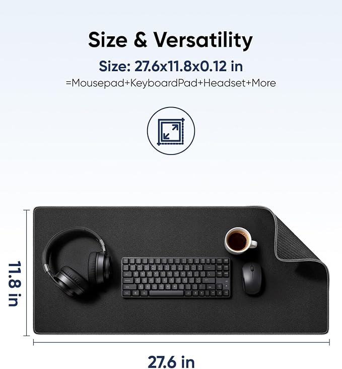 Waterproof Large Gaming Mouse Pad with Durable Stitched Edges, Non-Slip Rubber Base, Grainy Jacquard Mouse Mat Desk Pad for Home Office Gaming, 27.6"x11.8"x0.12", Matte Black