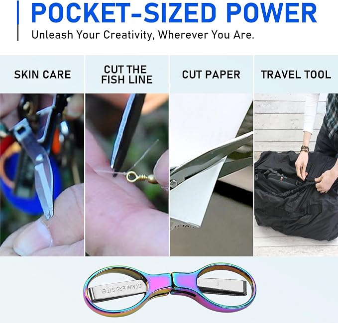 Friker Folding Scissors,Portable Telescopic Cutter Pocket Badge Scissors | 2 Pcs Mini Safe Rainbow Foldable Scissors for Household, Office, Handcrafts, Sewing, Nurse Use, Travel and Fishing