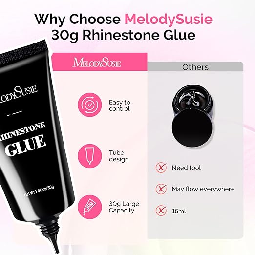 MelodySusie Rhinestone Glue Super Strong Gel Nail Glue for 3D Sculpting Nail Art Design Chrome Powder Decals Decor Need UV/LED Cured 30g (Pack of 2)