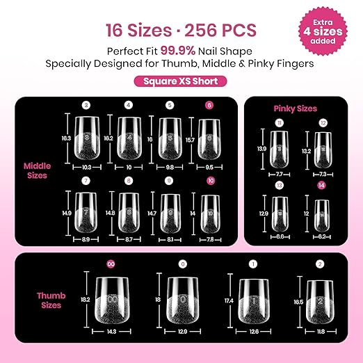 Beetles Tipex Lite Pre-Built Apex Nail Tips, Square XS Short, 256pcs Value Pack, 16 Sizes | 00-14, Flat-Nail Friendly Acrylic Tips for Natural Nail Beds, Easy for Beginner DIY