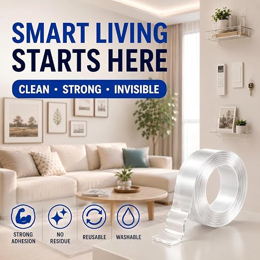Double Sided Tape Heavy Duty, Nano Clear Mounting Tape, Picture Hanging Poster Carpet Tape for Walls, Dorm Office School Outdoor, Removable Adhesive 【2 Rolls】（9.85FTx1.2in&0.8in