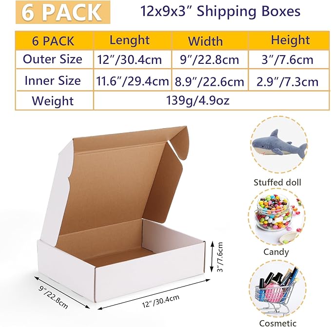 EXYGLO 6 Pack 12x9x3 Shipping Boxes, White Corrugated Cardboard Boxes for Packaging Small Business, Moving, Shipping, Mailing, and Storing