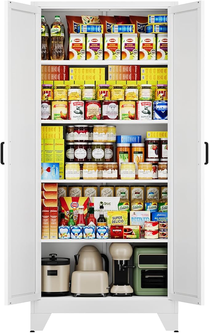 Letaya 75" H Metal Storage Cabinet with 2 Doors and 4 Shelves,Tall Kitchen Pantry Cabinets,Farmhouse Utility Pantry Organizers for Cupboard/Dining/Bathroom/Home Office/Garage,White