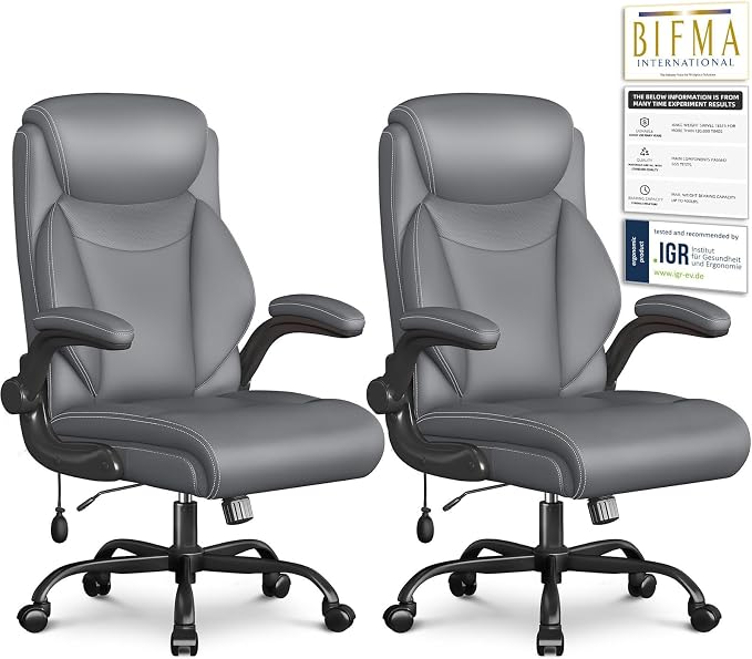 Ergonomic Office Chair, Big and Tall Office Chair, Executive Chair- Padded Leather Comfy Chair with Adjustable Lumbar Support & Flip-Up Arms, Rocking Swivel Chair for Home Office,Gray