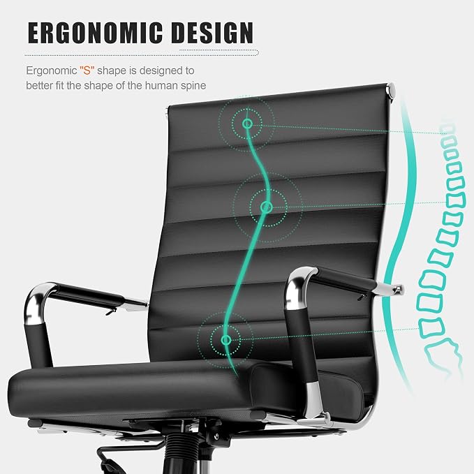 Okeysen Office Desk Chair, Ergonomic Leather Modern Conference Room Chairs, Executive Ribbed Height Adjustable Swivel Rolling Chair for Home Office Set of 4. (Black)