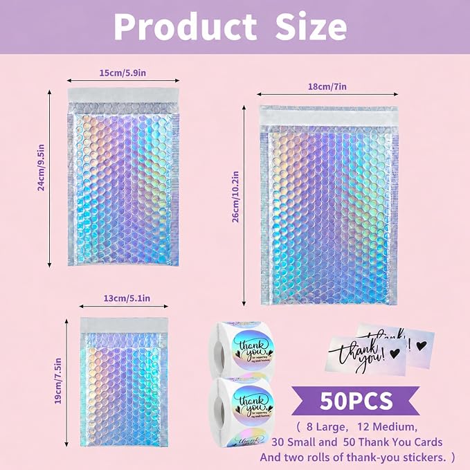 50Pack Bubble Mailers, Holographic Bubble Padded Envelopes, 3 Sizes | Self Seal Waterproof Shipping Bags Bubble Mailers, Metallic Poly Mailers for Small Business Mailing Packing Jewelry Makeup
