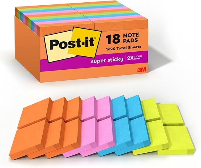 Post-it Super Sticky Notes, 18 Sticky Note Pads, 1 7/8 x 1 7/8 in., School Supplies, Office Products,Sticky-Notes for Vertical Surfaces, Monitors,Walls & Windows,Energy Boost Collection(Pack of 12)