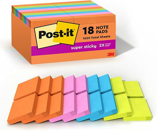 Post-it Super Sticky Notes, 18 Sticky Note Pads, 1 7/8 x 1 7/8 in., School Supplies, Office Products,Sticky-Notes for Vertical Surfaces, Monitors,Walls & Windows,Energy Boost Collection(Pack of 12)