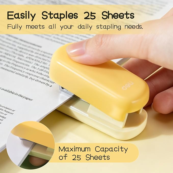 Deli Mini Stapler with 830 Staples, Small Cute Desk Staplers, 25 Sheet Capacity, Yellow