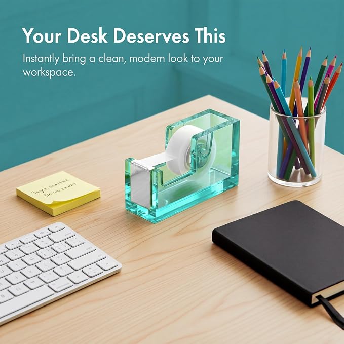 OfficeGoods Acrylic Tape Dispenser, Aesthetic and Compact Design, Green | Modern desk accessory for office, Heavy duty refillable tape holder for crafting, Stylish desktop accessory for gift wrapping