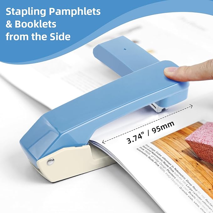 Deli/EZWORK Swing-Arm Swivel Stapler, 25 Sheets Capacity, 360 Degree Rotate Desk Staplers with 1000 Staples for Booklet or Book Binding, Blue+White