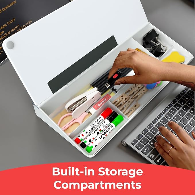 Chalkola Glass Desktop Whiteboard with Storage, Desk Dry Erase Board Buddy | Work Desk Organizers, Computer Keyboard Stand, Home Office Desk Accessories, Small White Board, Workspace Buddy + 3 Markers