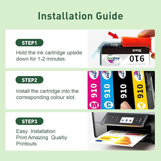 KINGWAY 910xl Ink Cartridges Replacement for HP 910 910XL Printer 4 Pack | Latest Chip HP Ink 910 Compatible with HP OfficeJet 8010 8012 8014 8015 8018 8022 OfficeJet Pro 8020 8024 8025 8028 Printers