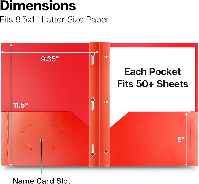 Dunwell Plastic 2-Pocket Folders with 3 Prongs, (24 Pack, Red), Durable Acid-Free Poly is Cleanable, Tear Resistant, 3-Clasp Document Holder, Labels Included