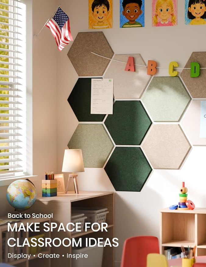 Fluxynara 12-Pack Hexagon Felt Bulletin Board Tiles, Nordic Moss-1 | Cork Board Alternative with 60 Adhesive Tabs for Notes, Photos and Reminders in Home Offices, Dorm and Classrooms