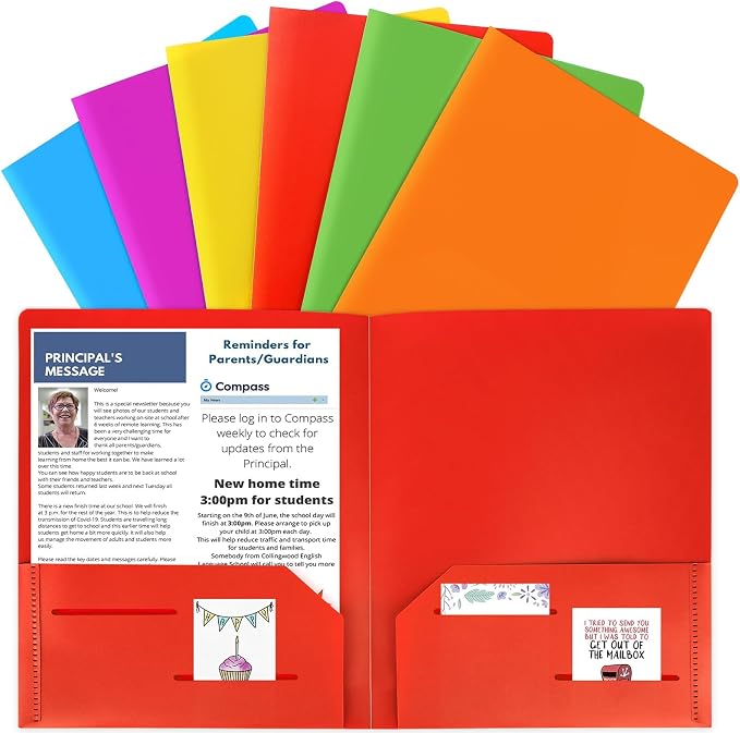 HABGP 6 Pack Plastic Folders with Pockets, Multiple Color, 2 Pocket Folders | Heavy Duty, Letter Size Folders, Business Card Holder, for School, Office
