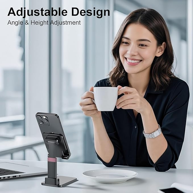 Phone Stand, Cell Phone Holder Adjustable Cellphone Stand for Desk Adjustable Office Accessories Gift Tablet Stands for iPhone iPad Android Devices Under 12", Black,2Pack
