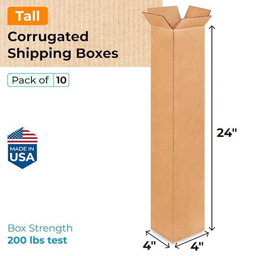 Tall Moving & Shipping Boxes 4x4x24 inches (10-Pack) - Extra Strength 200 lb vs Regular - Corrugated Strong Boxes for Packaging Moving - Cardboard Box, Made in USA - Packing Box by IDL Packaging | Extra Strength 200 lb vs Regular - Corrugated Strong Bo...