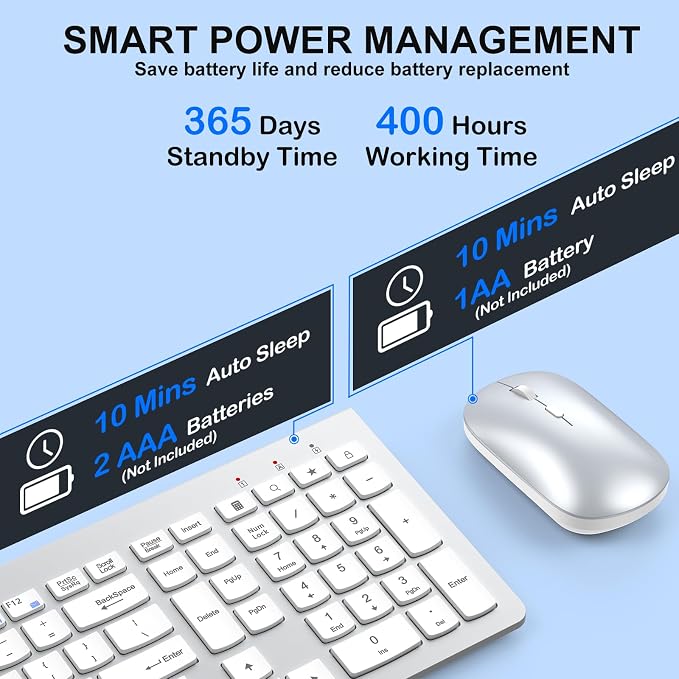 QUASIO Ultra Slim Wireless Keyboard and Mouse Combo,2.4G Lag-Free(Silver) | Full Side,Quiet Scissor-Switch Keys,Auto Sleep,Silent Clicks,3 Adjustable DPI,Ergonomic Design,Computer/Laptop/PC/Mac/Windows