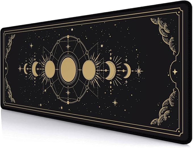 Moon Phases Large Gaming Mouse Pad, Celestial Cycle Lunar Chart Black and Gold Desk Pad, Stars in Space Horoscope Desk Mat, Mystical Astronomy Mousepad for Gamer Home&Office, 31.5x11.8 in