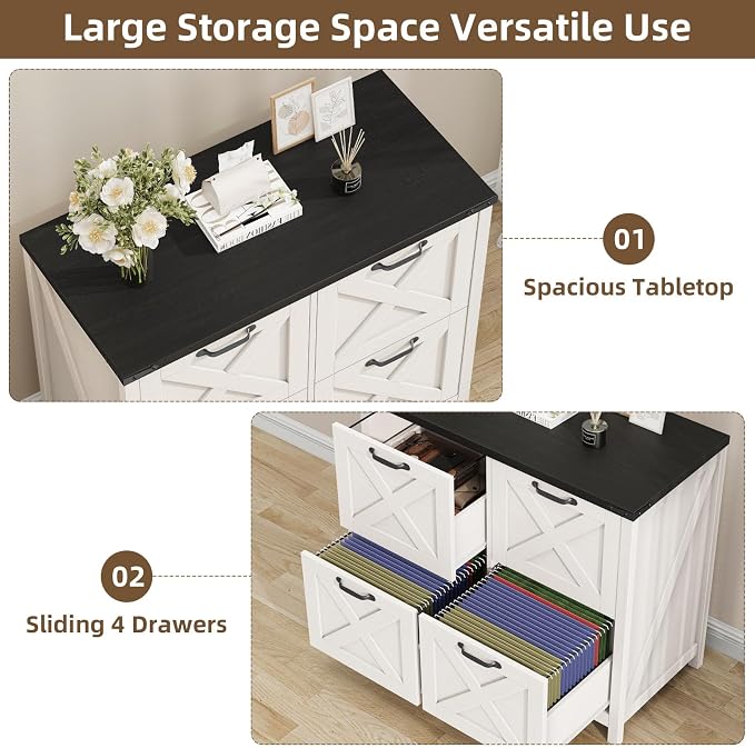 Halitaa Farmhouse Lateral File Cabinet with 4 Drawers, White and Black | Lateral Filing Cabinet for Letter/A4 Size Hanging File, Wood File Storage Cabinet Printer Stand for Home Office Cabinet