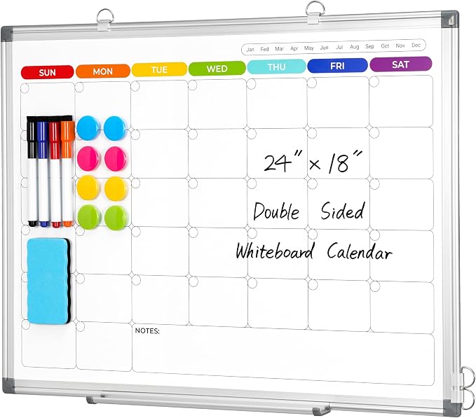 Colorful Dry Erase Calendar Whiteboard for Wall 24x18 Double-Sided Magnetic | Monthly Calendar, 7 Color Design, Wall Mount Hanging, Aluminum Frame, Smooth Dry Erase, Home School Office, Complete Kit