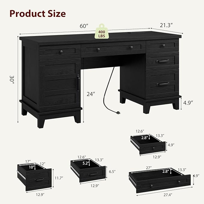 Garvee 60" Wooden Home Office Desk with File Drawers, Executive Desk with Adjustable Cabinet, Farmhouse Wood Desk with Power Outlet, Distressed Study and Work Table, Rustic Black