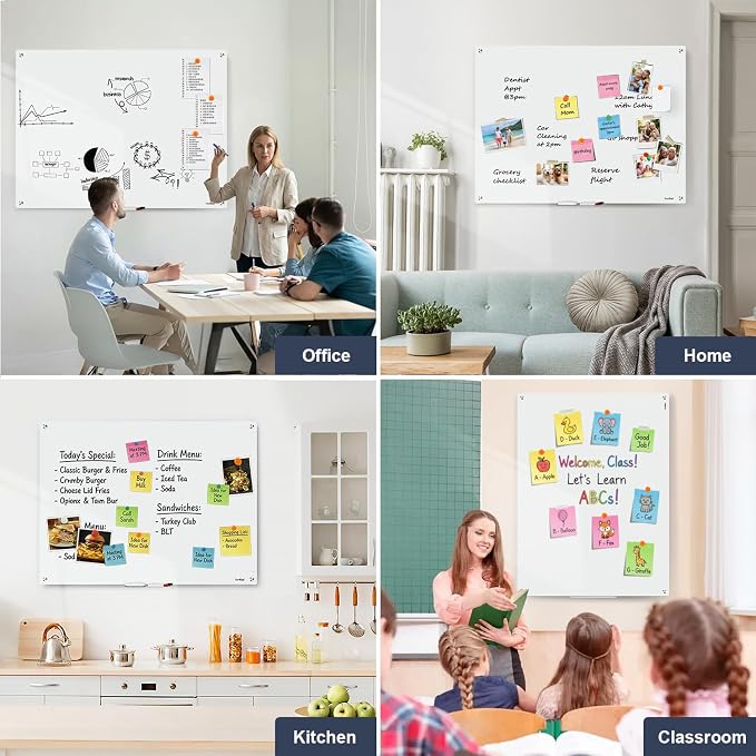 Glass Whiteboard 48x36 Magnetic White Board Dry Erase Board for Wall | Magnetic Surface, Dry Erase, Large Frameless Glass Whiteboard, Ideal for Office Home School Classroom Kitchen
