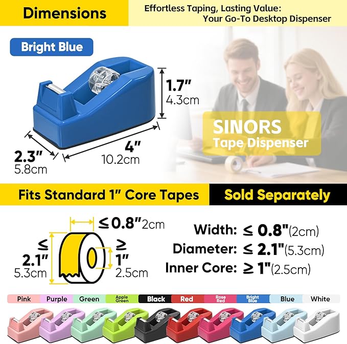 Desktop Office Tape Dispenser, Fits Standard 1-Inch Core Tapes, Weighted Base, Sharp Metal Blade, Smooth Cutting, Adhesive Roll Holder for Office, School, Shop, Home & Business - Bright Blue