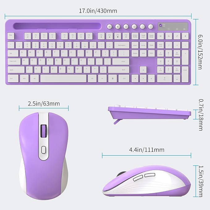 Wireless Keyboard and Mouse Combo, MARVO 2.4G Ergonomic Wireless Computer Keyboard with Phone Tablet Holder, Silent Mouse with 6 Button, Compatible with MacBook, Windows (Purple)