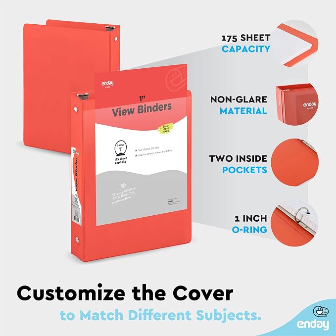 Enday 1 Inch Binder, Red 3 Ring Binder 1 Inch, Heavy Duty Three Ring Binder, 175 Sheets Capacity - One Inch Binder for Home School and Office