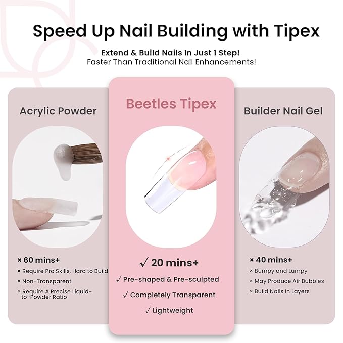 Beetles Tipex Instant Apex Nail Tips, Square Medium, 16 Sizes (00–14), 192pcs, Built-In Apex, No Builder Gel Required, Thicker Strong Acrylic Tips for DIY Nail Extensions
