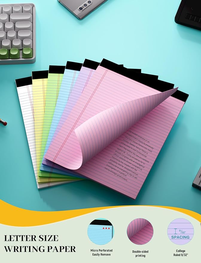 12 Pack Legal Pads 8.5 x 11 College Ruled, 30 Sheets Per Colored Note Pads | Perforated Lined Paper Pads 8.5x11, Writing Pads with Sturdy Backing, Legal Pads for School, Office, Home