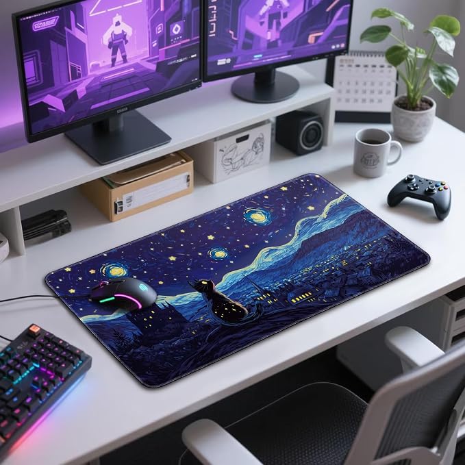 Starry Night Cat Large Gaming Mouse Pad Desk Mat 31.5"x15.7" | Extended Mousepad, Non-Slip Rubber Base , Stitched Edges, for Computer/Laptop/Office/Home