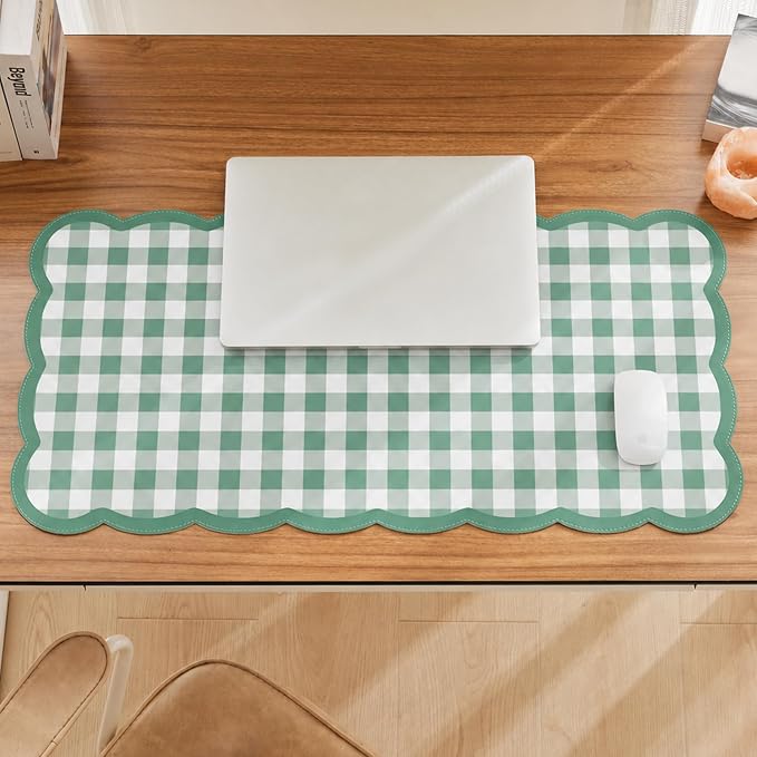 Ohocut Scalloped Gingham Checkered Desk Pad，Green：31.5" x 15.7" | Large, Premium Faux Leather, Anti-slip Bottom, Water Repellent, Easy to Clean, Aesthetic Trendy Design