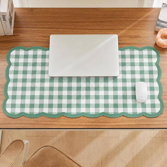 Ohocut Scalloped Gingham Checkered Desk Pad，Green：31.5" x 15.7" | Large, Premium Faux Leather, Anti-slip Bottom, Water Repellent, Easy to Clean, Aesthetic Trendy Design