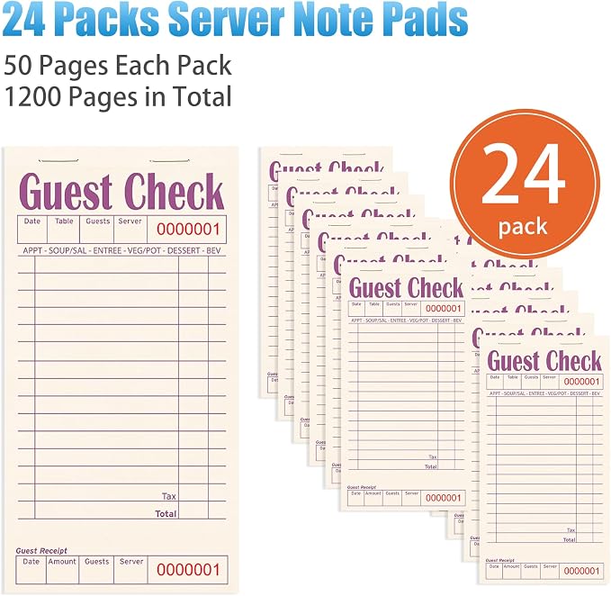 ZPARIK Guest Checks Books for Servers, Natural Color Paper, 24 Pack Purple | 24 Pack Guest Checks with 50 Sheets Per Book, Waiter Checkbook, Waitress Notepad for Restaurants, Perfect for Servers