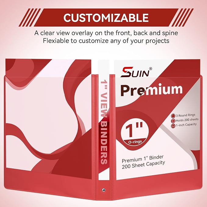 SUIN 1 Inch 3 Ring Binder, Clear 1'' View Presentation Binders with 2 Pockets, Fits 8.5 x 11 Letter Size, Durable Polypropylene, Non-Stick & PVC-Free for School, Office & Home (Red)
