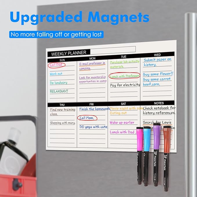 maxtek Magnetic Dry Erase Markers Ultra Fine Tip, 0.7mm Extra Fine Point Thin Dry Erase Markers with Eraser for Planning Whiteboard, Calendar Boards, 12 Colors, Low Odor
