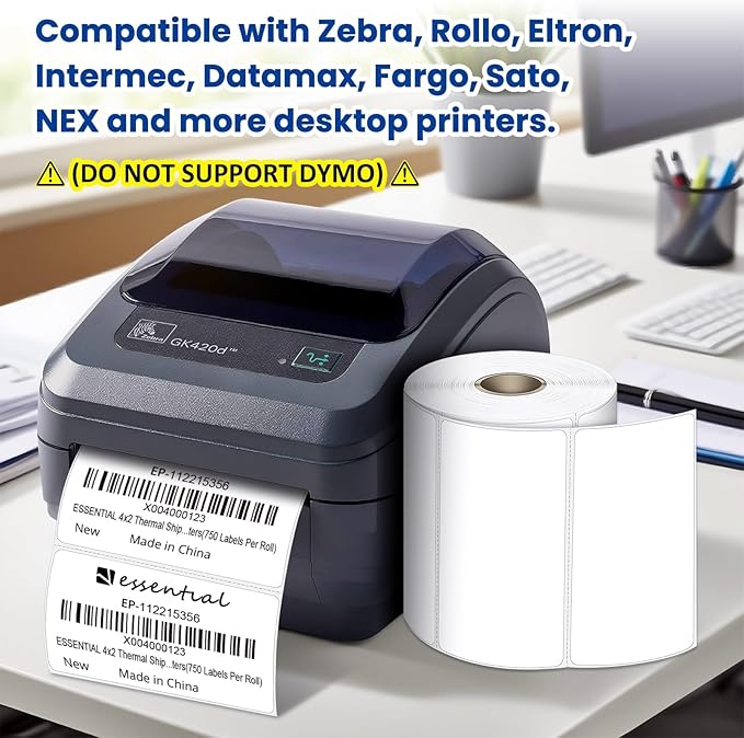 ESSENTIAL 4 x 2 Inches Direct Thermal Barcode Labels, Shipping Labels, 750 Labels of Roll, Compatible with Zebra Printers (16 Roll-12000 Tags)