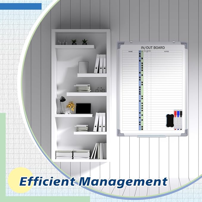 in and Out Magnetic Dry-Erase Board 24" x 18" Aluminum Framed White Board with Lines 33 Names with Magnetic Dry-Erase Marker, Eraser, and 35 Magnets Wall-Mounted for Office Employee