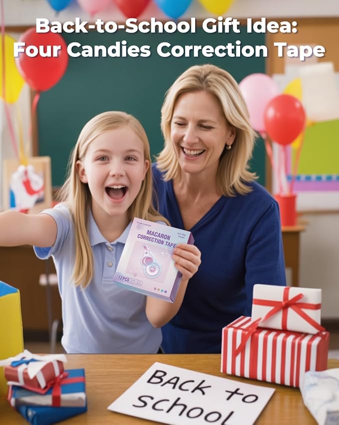 Four Candies White Correction Tape, 39.4 ft, 12 Pack Smooth Pull-Out Tape | Easy to Use Applicator for Instant Corrections, Tear-Resistant, Smooth & Quick-Drying Tape for Office & School Supplies