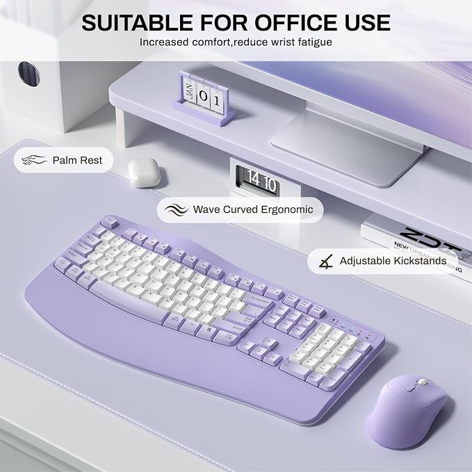 Wireless Keyboard and Mouse Combo,2.4G Ergonomic Wave Keys(Purple-B) | Full Size Cordless Keyboard with Wrist Rest,3-Level DPI Ergonomic Mouse for Office and Home,Windows/Mac OS/Desktop/Laptop/PC