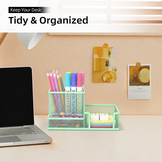 Pen Holder Desk Organizer, Office Supplies Pencil Holder with 3 Compartments, Desk Accessories and Workspace Organizers for Home School Classroom, Green