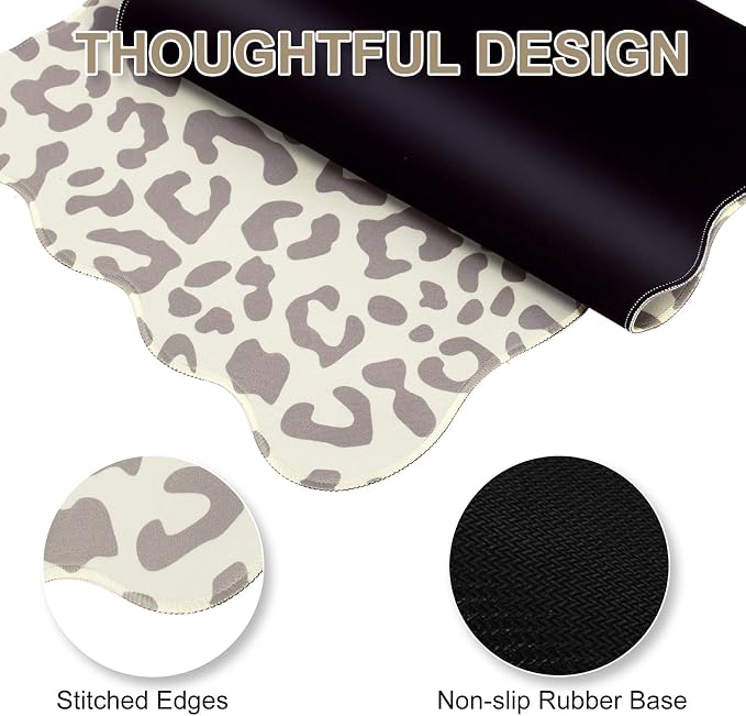 L-SPOUTTO Beige Leopard Mouse Pad,Scalloped Desk Mat XXL Gaming Mousepad | Cheetah Large 35.4x15.7in Non-Slip Rubber Base Keyboard Pad Waterproof Desktop Mat for Laptop Computer Game Home Office