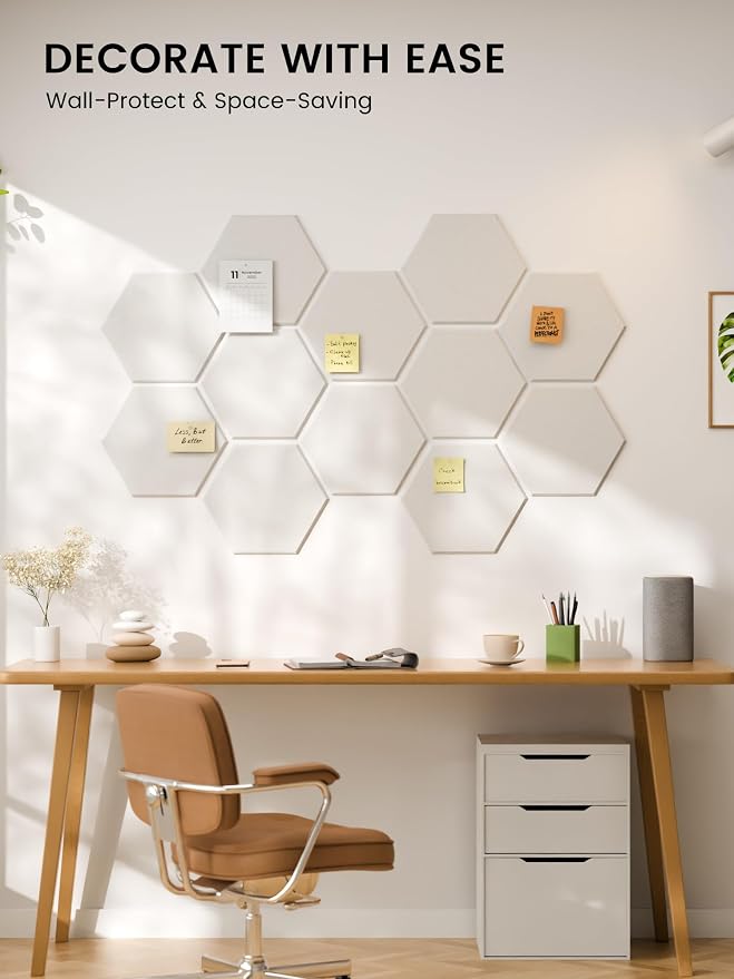 Fluxynara 12-Pack Hexagon Felt Bulletin Board Tiles, Milky White | Cork Board Alternative with 60 Adhesive Tabs for Notes, Photos and Reminders in Home Offices, Dorm and Classrooms