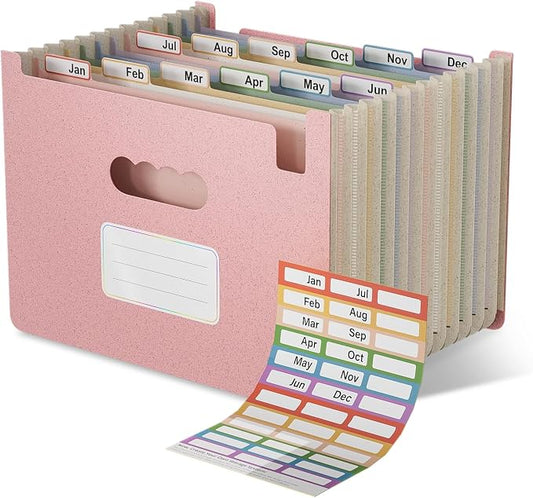 EcoStash 12 Pockets Accordion File Organizer, Upright & Open Top | Wheat Straw, 100% BPA Free, Monthly Bill Receipt Organizer, Letter/A4 Size for School Home Office Hospital - Strawberry Pink