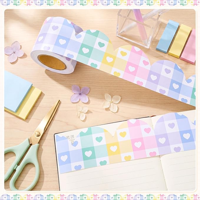 32.8 Ft Pastel Gingham Bulletin Board Borders, Scalloped | Checkered Hearts, Classroom Decor for Teachers, Cute Board Trim, Rainbow Style, Scalloped Paper Strip