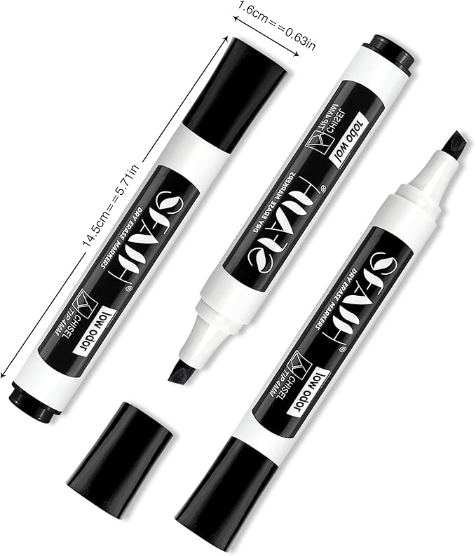 SFAIH Dry Erase Markers Chisel Tip with Magnetic Whiteboard Eraser, 48 Bulk Pack Black White Board Markers for Teachers, Versatile Lines, 1s Quickly Dry, Essential Supplies for Office Teacher